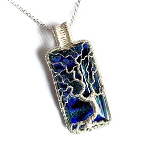 Fine Silver Wire Wrapped Pendant Tree of Life Pendant Blue Dichroic Glass Cabochon 2 1/2 x 1 6.5 cm X 2.5 cm Chain included image 1