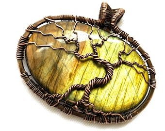 Enormous Wire Wrapped Pendant -Tree of Life Pendant - Giant Gold & Bronze Labradorite Cabochon and Natural Copper Wire - 2.5" x 2”