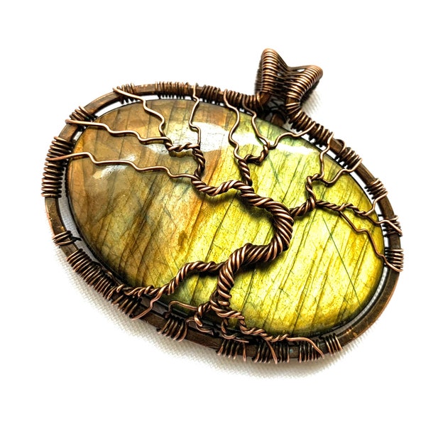 Enormous Wire Wrapped Pendant -Tree of Life Pendant - Giant Gold & Bronze Labradorite Cabochon and Natural Copper Wire - 2.5" x 2”