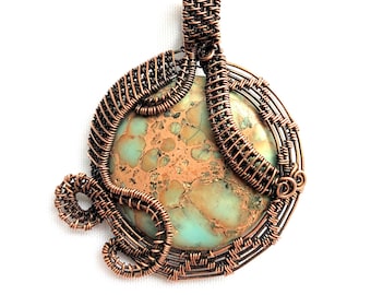 Wire Wrapped Pendant - Sea Sediment Jasper Stone with Oxidized Copper Wire - 2 3/4" (70 mm) x 2" (50 mm)- Chain Included