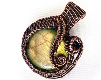 Wire Wrapped Pendant - Labradorite Pendant with Hand Woven Oxidized Copper Wire - 2 1/8" (55 cm) x 1 1/8" (43 mm)