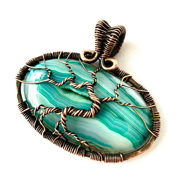 Wire Wrapped Pendant - Tree of Life Pendant - Turquoise & White Geode Agate Stone Cabochon, Copper Wire Wrapped Pendant  - 2" x 2 1/2"