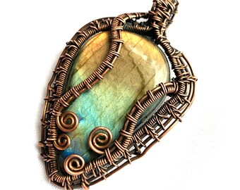 Wire Wrapped Pendant - Exceptional Labradorite Pendant with Hand Woven Oxidized Copper Wire - 2.5/8" (67 mm) x 1 3/4" (45 mm)