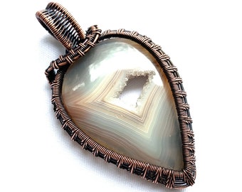 Wire Wrapped Pendant - Agate Druzy and Copper Wire - 3 1/8" (80 mm) x 1 3/4" (45 mm) - Chain Included