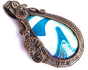 Wire Wrapped Pendant - Blue & White Striped Agate and Copper Wire - 3 1/4" (85 mm) x 2" (40 mm)