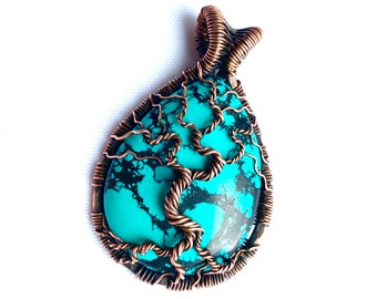 Wire Wrapped Pendant - Tree of Life - Turquoise Stone Cabochon with Copper Wire - 2 1/4" (55 mm) x 1 3/8" (35 mm)