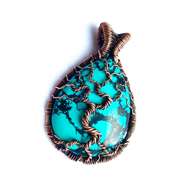 Wire Wrapped Pendant - Tree of Life - Turquoise Stone Cabochon with Copper Wire - 2 1/4" (55 mm) x 1 3/8" (35 mm)