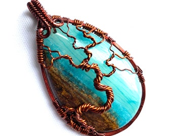 Tree of Life Pendant - Stunning Brown and Blue Lace Chalcedony Stone Cabochon with Chestnut Brown Wire Tree of Life - 2 1/4" x 1 1/2"