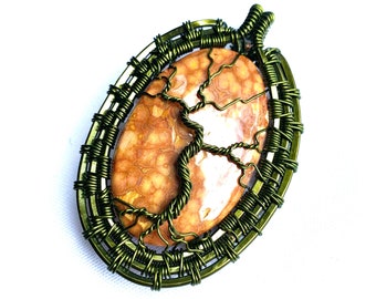 Wire Wrapped Pendant -Tree of Life Pendant - Mustard Ocean Jasper and Green Wire Wrapped Tree Pendant  - 2 5/8" (68 mm) x 1 3/4" (45 mm)