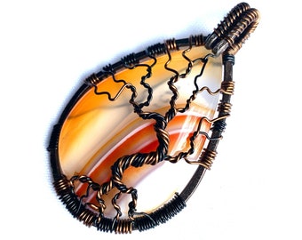 Wire Wrapped Pendant - Tree of Life Pendant  - Orange & Black Onyx Agate Cabochon and Copper Wire - 2 5/8" x 1 1/2" - Chain Included