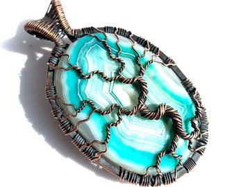 Wire Wrapped Pendant - Tree of Life Pendant - Turquoise & White Geode Agate Cabochon with Copper Wire - 3" (75 mm) x 1 3/4" (45 mm)
