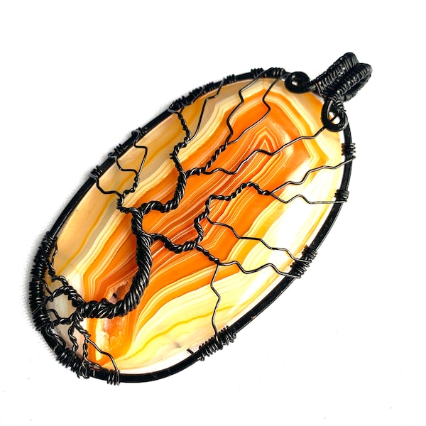 Large Wire Wrapped Pendant - Tree of Life Pendant  - Orange & White Agate Druzy Cabochon and Copper Wire - 3 1/4" x 1 5/8" - Chain Included