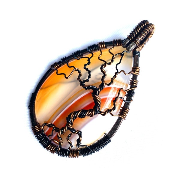 Wire Wrapped Pendant - Tree of Life Pendant  - Orange & Black Onyx Agate Cabochon and Copper Wire - 2 5/8" x 1 1/2" - Chain Included