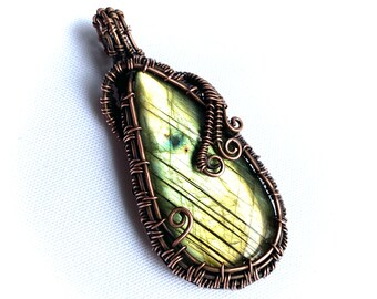 Wire Wrapped Pendant - Beautiful Flashy Labradorite and Oxidized Copper Wire  2 3/4" (70 mm) x 1 1/4" (30 mm)