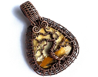 Wire Wrapped Pendant - Tree of Life Pendant  - Picture Jasper and Copper Wire - 2 3/4" x 1 7/8" - Chain Included