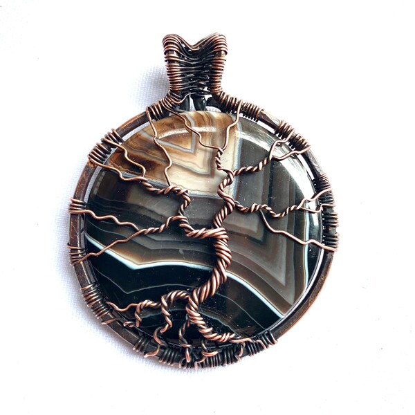 Wire Wrapped Pendant - Tree of Life  Pendant - Black, Brown, Cream Onyx Agate Stoneand, Oxidized Copper Wire - 2 1/2" (65 mm) x 2" (55 mm)