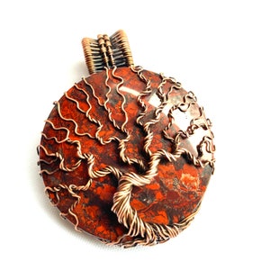 Wire Wrapped Pendant - Tree of Life Pendant - Red Jasper and Copper Wire Wrapped Tree of Life - 2 3/8&quot; (60 mm) x 1 3/4&quot; (45 mm)