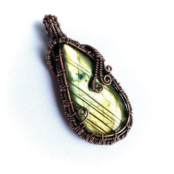 Wire Wrapped Pendant - Beautiful Flashy Labradorite and Oxidized Copper Wire  2 3/4" (70 mm) x 1 1/4" (30 mm)