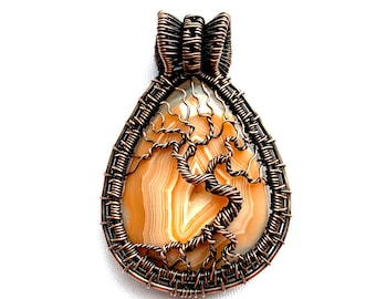 Wire Wrapped Pendant - Tree of Life Pendant - Orange & Cream Agate Druzy Stone Cabochon with Copper Wire - 2 1/4" (60 mm) x 1 1/2" (40 mm)