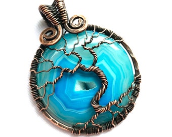 Wire Wrapped Pendant - Tree of Life Pendant - Blue Agate Druzy Cabochon & Oxidized Copper Wire - 2 1/2" x 2" (65mm x 50mm) - Chain Included