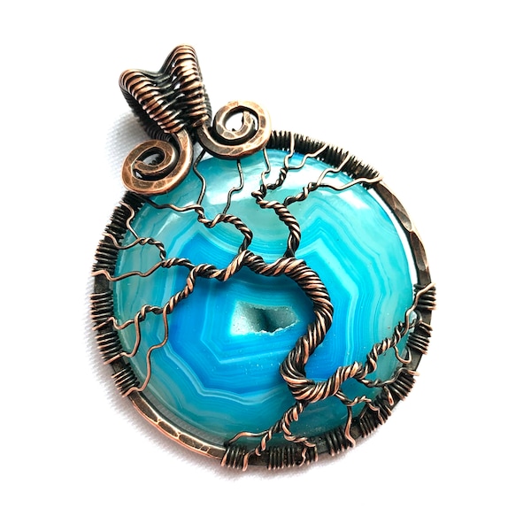 Wire Wrapped Pendant - Tree of Life Pendant - Blue Agate Druzy Cabochon & Oxidized Copper Wire - 2 1/2" x 2" (65mm x 50mm) - Chain Included