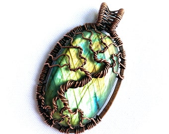 Tree of Life Pendant - Labradorite and Oxidized Copper Wire  2 1/2" (60 mm) x 1 1/4" (30 mm)