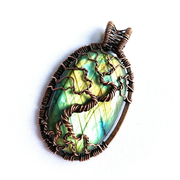 Tree of Life Pendant - Labradorite and Oxidized Copper Wire  2 1/2" (60 mm) x 1 1/4" (30 mm)