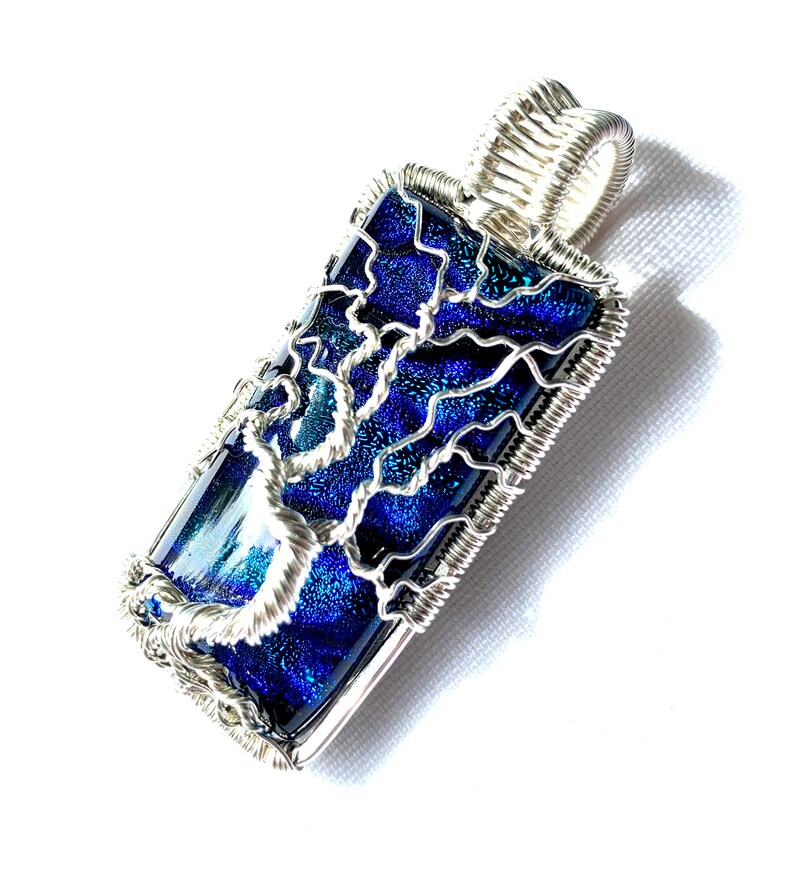 Fine Silver Wire Wrapped Pendant Tree of Life Pendant Blue Dichroic Glass Cabochon 2 1/2 x 1 6.5 cm X 2.5 cm Chain included image 2
