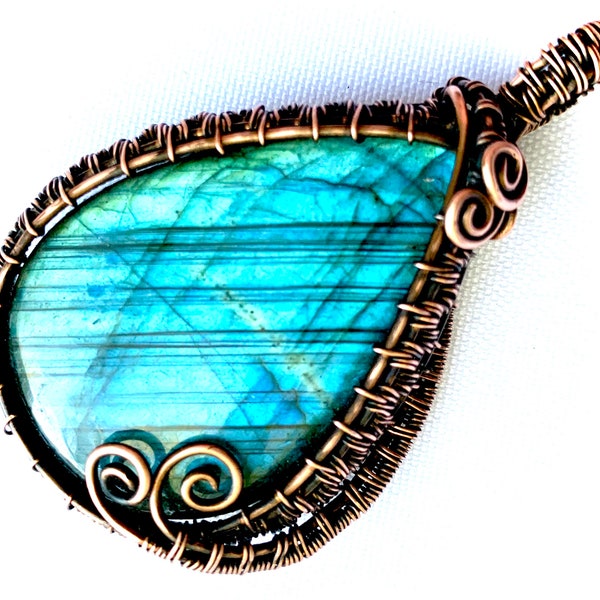 Wire Wrapped Pendant - Exceptional Quality Labradorite and Oxidized Copper Wire  2 1/2" (60 mm) x 1 1/2" (35 mm)