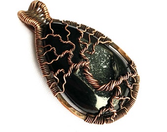 Wire Wrapped Pendant - Tree of Life Pendant  -  Sparkling Black Agate Druzy Stone and Copper Wire - 2 1/2" x 1 1/2" - Chain Included