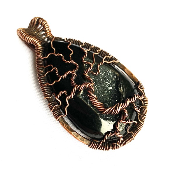 Wire Wrapped Pendant - Tree of Life Pendant  -  Sparkling Black Agate Druzy Stone and Copper Wire - 2 1/2" x 1 1/2" - Chain Included