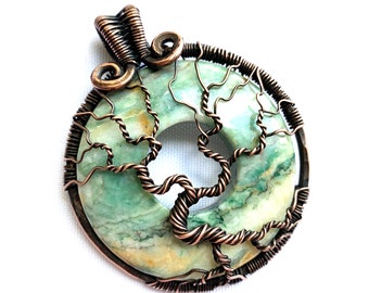 Wire Wrapped Pendant - Tree of Life Pendant - Oxidized Copper Wire and Jasper Cabochon  - 2 7/8" x 2 5/8" (63 mm x 55 mm) - Cord Included