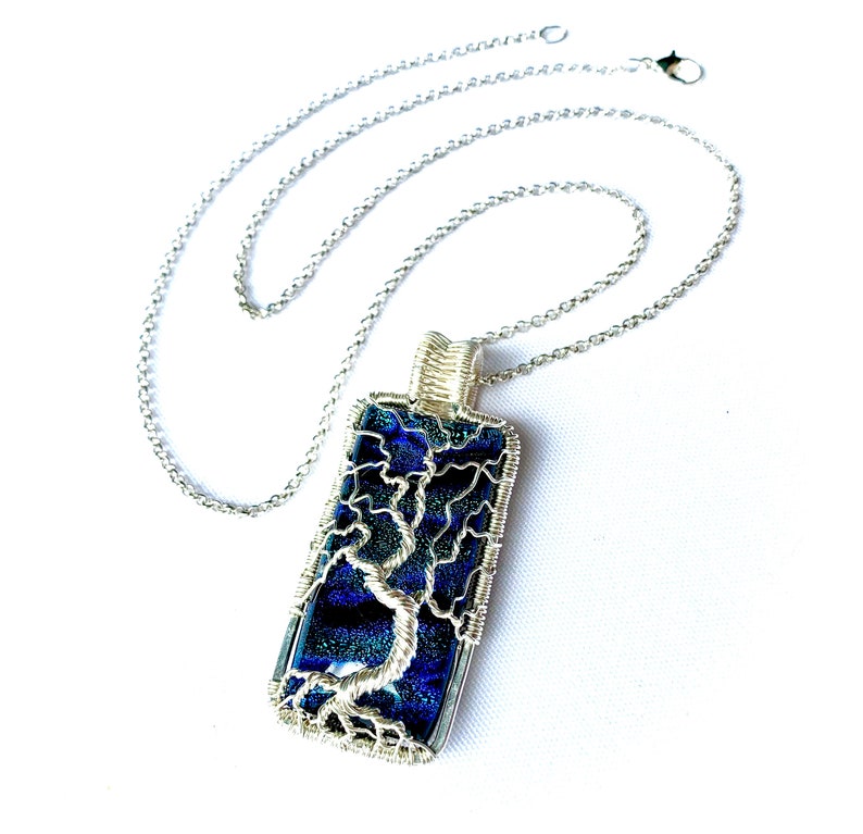 Fine Silver Wire Wrapped Pendant Tree of Life Pendant Blue Dichroic Glass Cabochon 2 1/2 x 1 6.5 cm X 2.5 cm Chain included image 3