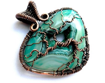 Wire Wrapped Tree of Life Pendant  - Amazing Green Geode Agate Cabochon and Copper Wire - 1 1/4" x 2" (57 mm) x 50 mm - Chain Included