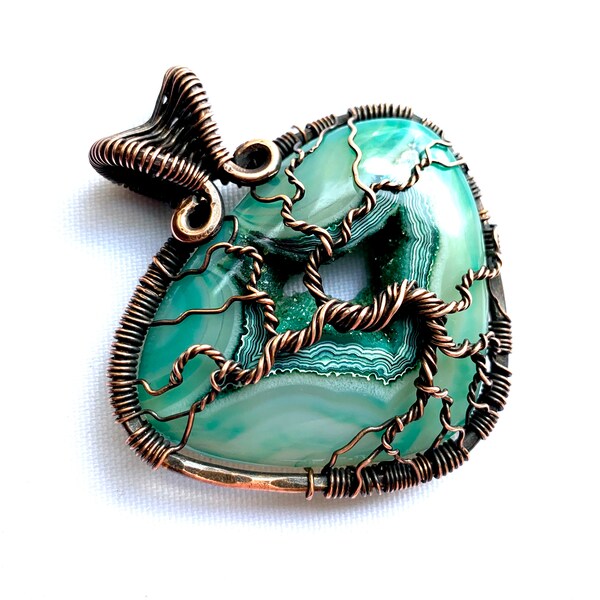 Wire Wrapped Tree of Life Pendant  - Amazing Green Geode Agate Cabochon and Copper Wire - 1 1/4" x 2" (57 mm) x 50 mm - Chain Included