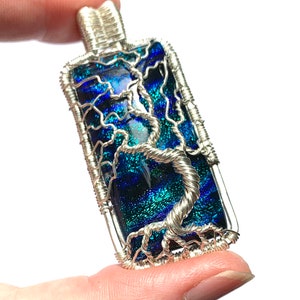 Fine Silver Wire Wrapped Pendant Tree of Life Pendant Blue Dichroic Glass Cabochon 2 1/2 x 1 6.5 cm X 2.5 cm Chain included image 5