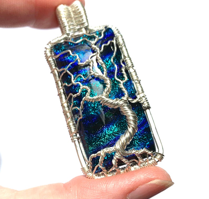 Fine Silver Wire Wrapped Pendant Tree of Life Pendant Blue Dichroic Glass Cabochon 2 1/2 x 1 6.5 cm X 2.5 cm Chain included image 5