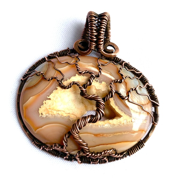 Wire Wrapped Pendant - Tree of Life Pendant - Peach & Cream Agate Druzy Stone Cabochon with Copper Wire - 2 1/2" (60 mm) x 2 1/2" (60 mm)