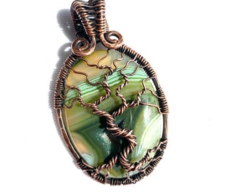 Wire Wrapped Pendant - Tree of Life Pendant - Olive Green Geode Agate Stone Cabochon, Copper Wire Wrapped Pendant  - 2 1/4" x 1 3/8"