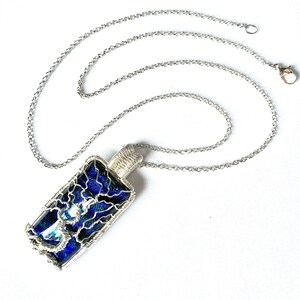 Fine Silver Wire Wrapped Pendant Tree of Life Pendant Blue Dichroic Glass Cabochon 2 1/2 x 1 6.5 cm X 2.5 cm Chain included image 9