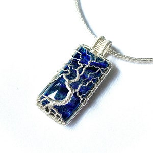 Fine Silver Wire Wrapped Pendant Tree of Life Pendant Blue Dichroic Glass Cabochon 2 1/2 x 1 6.5 cm X 2.5 cm Chain included image 10