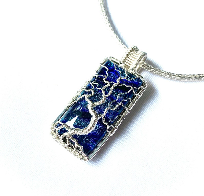 Fine Silver Wire Wrapped Pendant Tree of Life Pendant Blue Dichroic Glass Cabochon 2 1/2 x 1 6.5 cm X 2.5 cm Chain included image 10