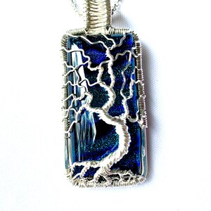 Fine Silver Wire Wrapped Pendant Tree of Life Pendant Blue Dichroic Glass Cabochon 2 1/2 x 1 6.5 cm X 2.5 cm Chain included image 4