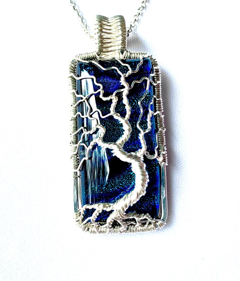 Fine Silver Wire Wrapped Pendant Tree of Life Pendant Blue Dichroic Glass Cabochon 2 1/2 x 1 6.5 cm X 2.5 cm Chain included image 4