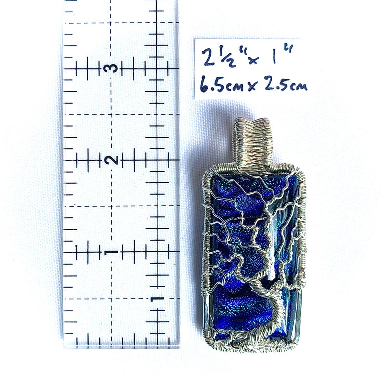 Fine Silver Wire Wrapped Pendant Tree of Life Pendant Blue Dichroic Glass Cabochon 2 1/2 x 1 6.5 cm X 2.5 cm Chain included image 7