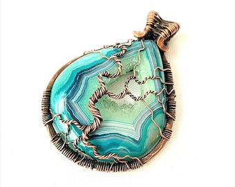 Wire Wrapped Pendant - Tree of Life - Turquoise & White Geode Agate Stone Cabochon with Copper Wire - 2 3/8" (60 mm) x 1 3/4" (45 mm)
