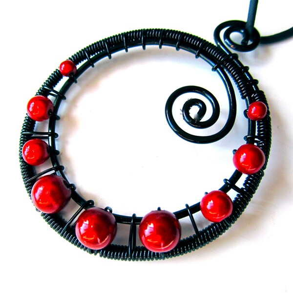 Red and Black Wire Wrapped Necklace, Spiral Pendant with Intense Red Miracle Beads, black wire on an extendable black cord