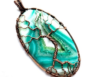 Large Wire Wrapped Pendant - Tree of Life Pendant  - Green & White Agate Druzy Cabochon and Copper Wire - 3 1/4" x 1 5/8" - Chain Included