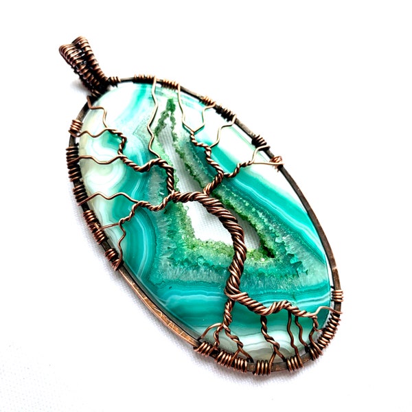 Large Wire Wrapped Pendant - Tree of Life Pendant  - Green & White Agate Druzy Cabochon and Copper Wire - 3 1/4" x 1 5/8" - Chain Included