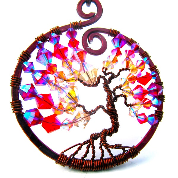 Tree of Life Pendant, Swarovski Siam, Papaya, Salmon, Sun Yellow AB 2X crystals on a sleek red/brown nylon choker cord